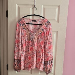 Charming Floral Blouse with Embellished‎ Neckline